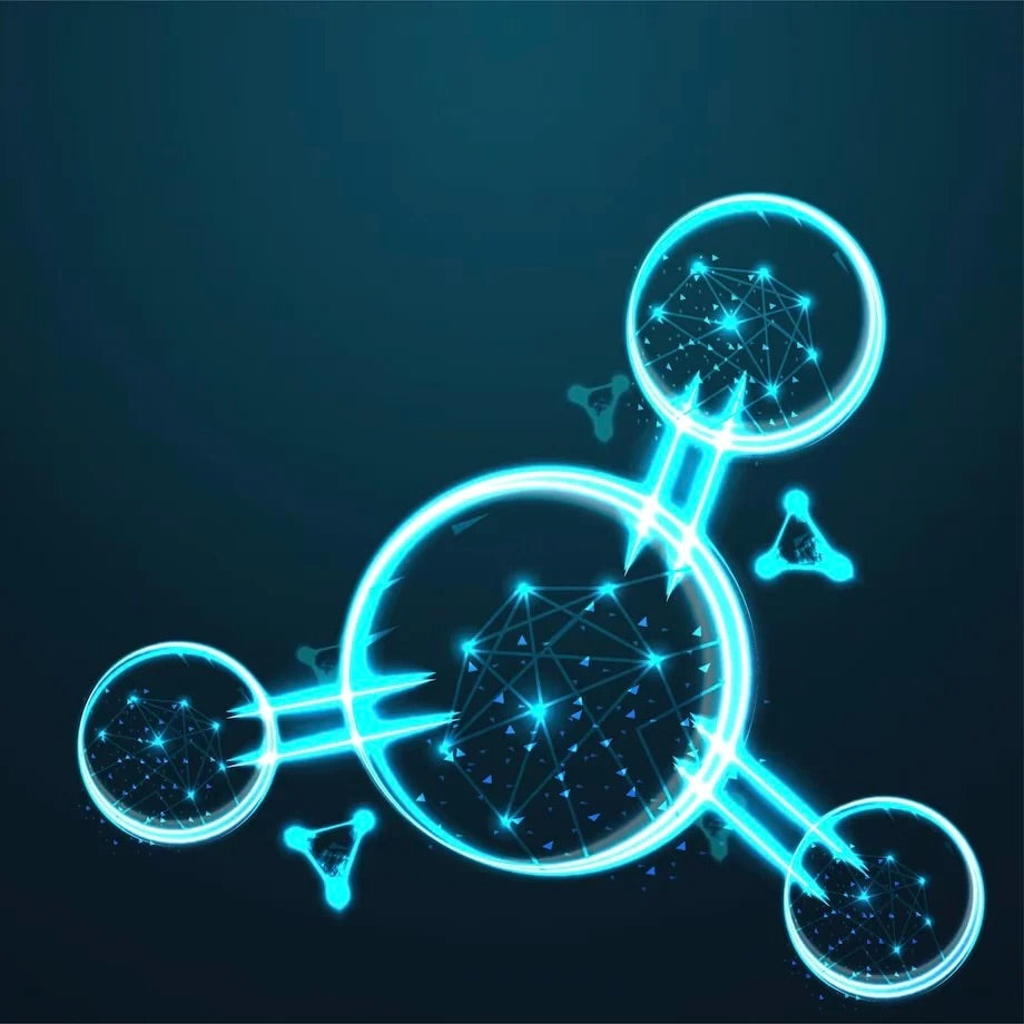 Синя молекулярна структура, символизираща биорегулиращи пептиди